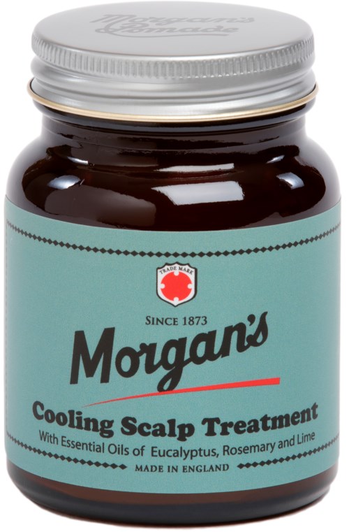 A bottle labeled Morgan's Cooling Scalp Treatment with essential oils, including eucalyptus, rosemary, and lime, made in England.