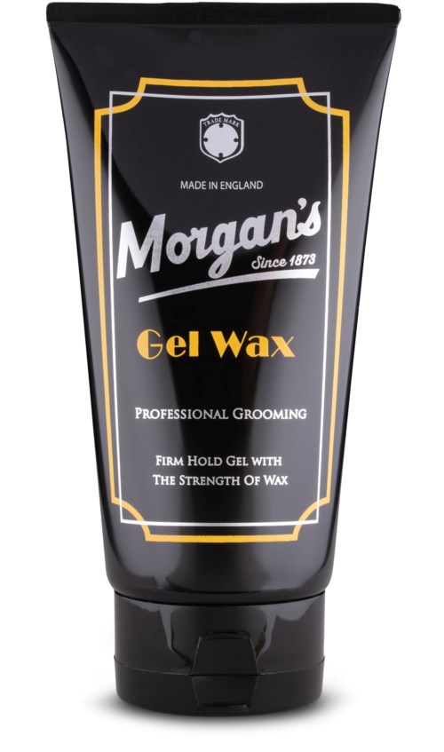 En svart tub märkt Morgan's Gel Wax, som används för styling, med vit och gul design.