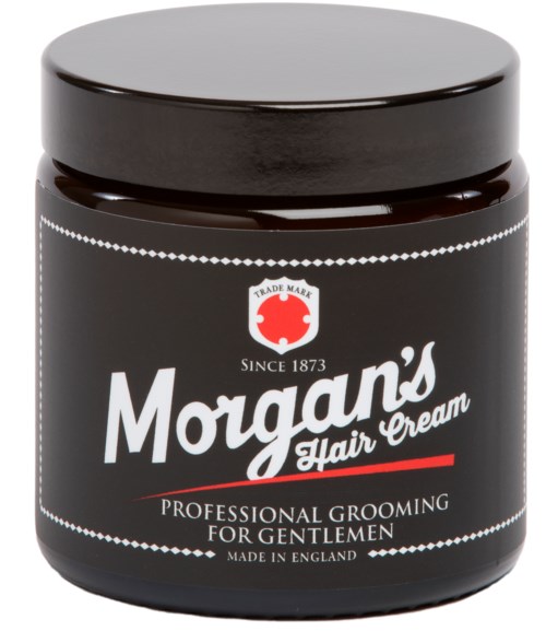 En svart krukke merket Moragan's Hair Cream med hvit tekst og røde detaljer, for profesjonell styling for menn.