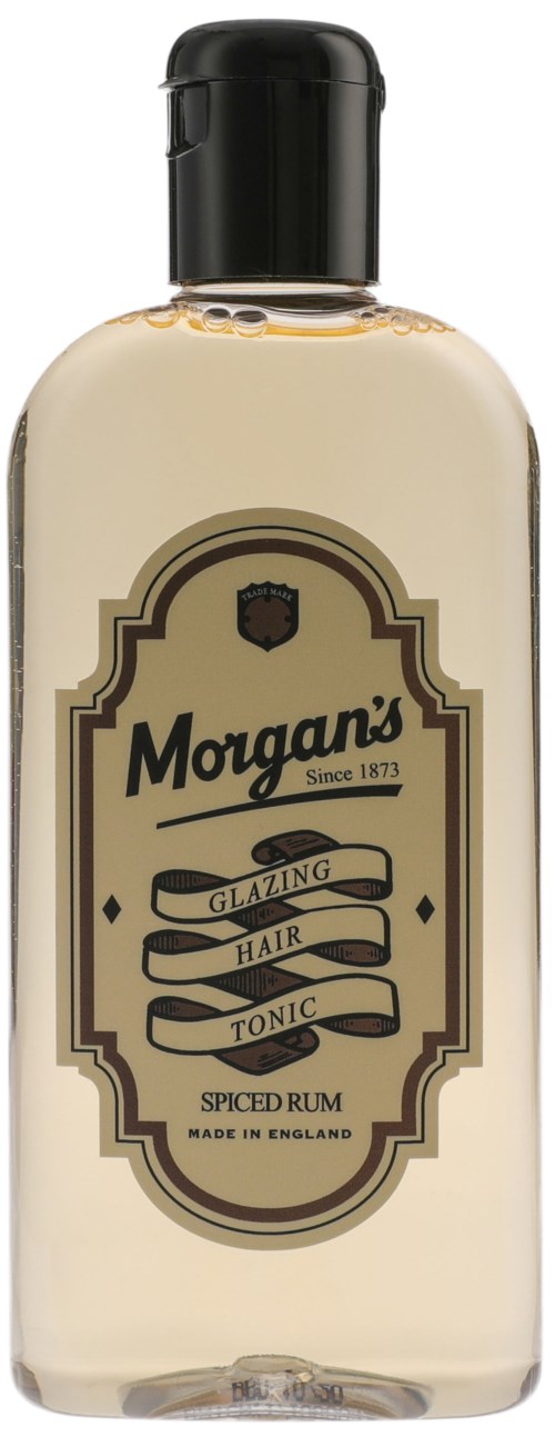 A bottle of Morgan's glazing hair tonic with a black cap, labeled as containing spiced rum, made in England.