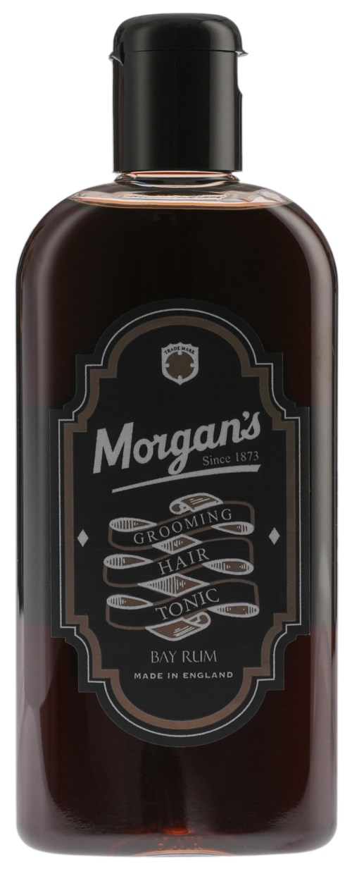 A dark brown bottle with a black cap, labeled Morgan's grooming hair tonic, Bay Rum, made in England.