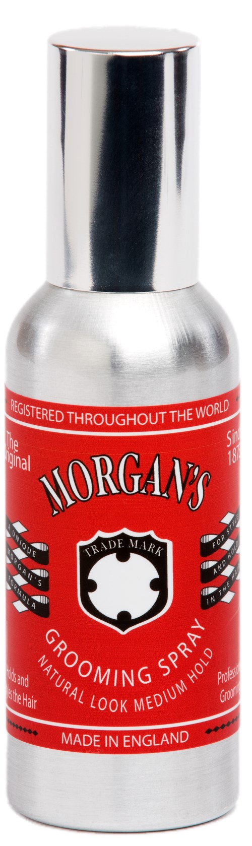 A small silver bottle with a red label, black and white text, and a silver cap. It is a grooming spray from Morgan's.