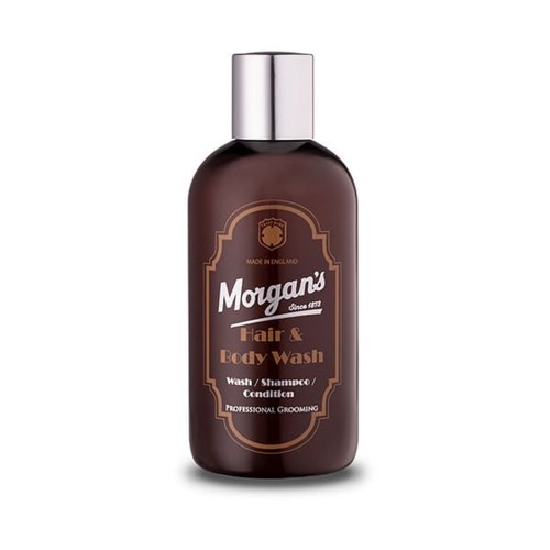 Brun flaska med Morgan's Hair & Body Wash, tillverkad i England, med ett silverlock.