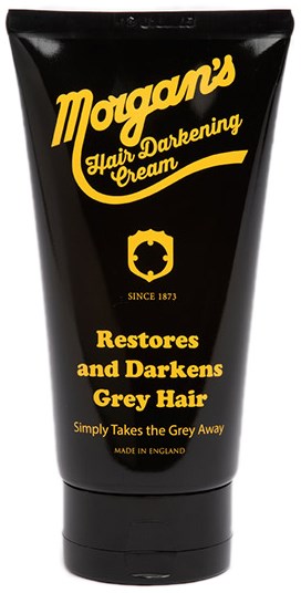 A black tube with yellow text and logo, describing a hair darkening cream that restores and darkens grey hair.