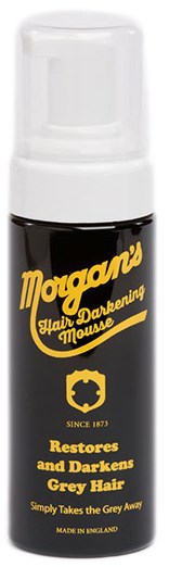 A small bottle of Morgans Hair Darkening Mousse with a pump top, black label, yellow text, and a logo.