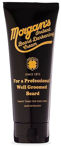 Black tube of Morgan's beard darkening cream with yellow text, logo, and mentions of professional use and England.