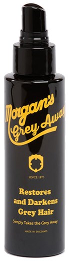 A black spray bottle with gold text claims it restores and darkens grey hair. It has a pump top.