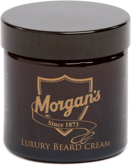 Ein dunkler Behälter mit Goldschrift, Beschriftung Morgan's Luxury Beard Cream.