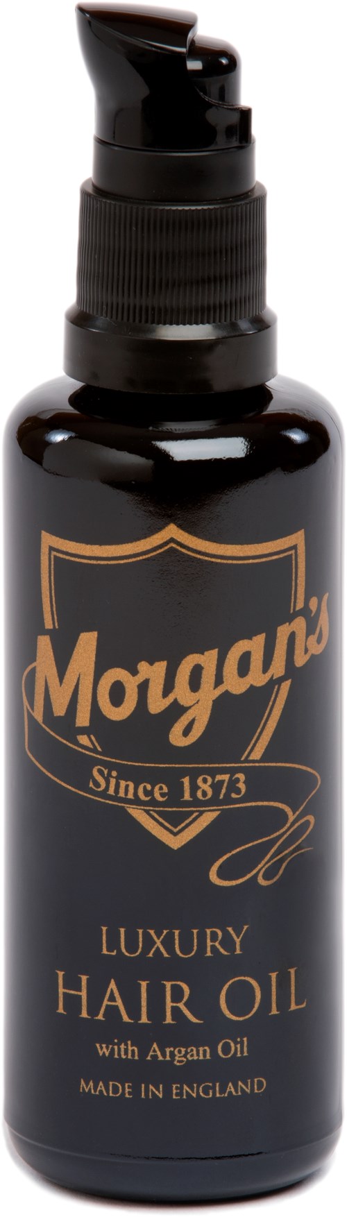 A black bottle with a pump, labeled 'Morgan's Luxury Hair Oil with Argon Oil, made in England.'