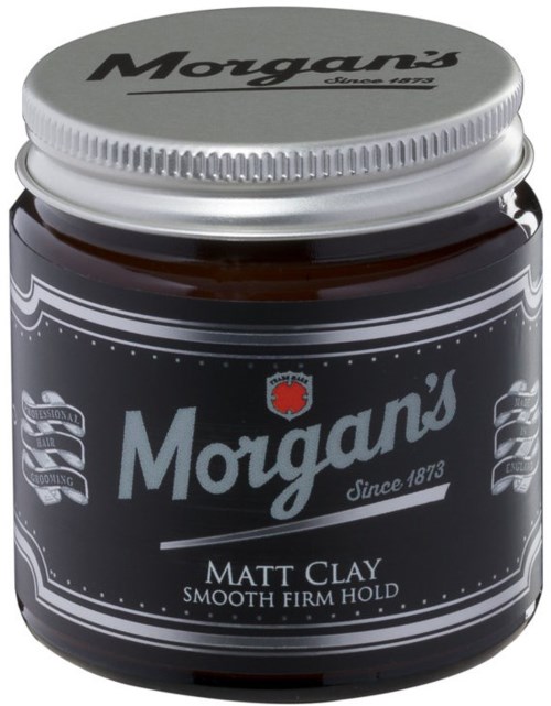 A jar of Morgan's Matt Clay for smooth, firm hold, with black and silver packaging and logo.