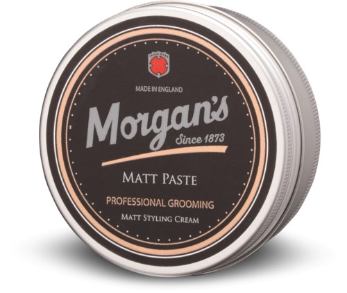 A round container with brown and black label, labeled Morgans Matt Paste for professional grooming and styling.