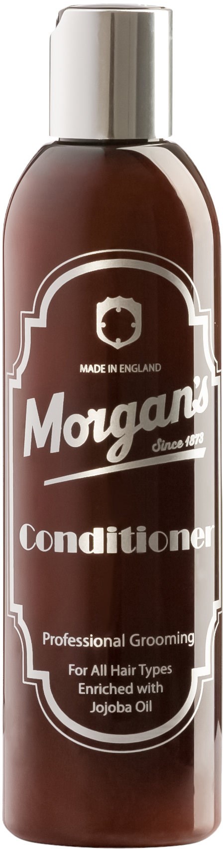 Brun flaske merket 'Morgan's Conditioner' med sølvkork. Den er for alle hårtyper og inneholder jojobaolje.
