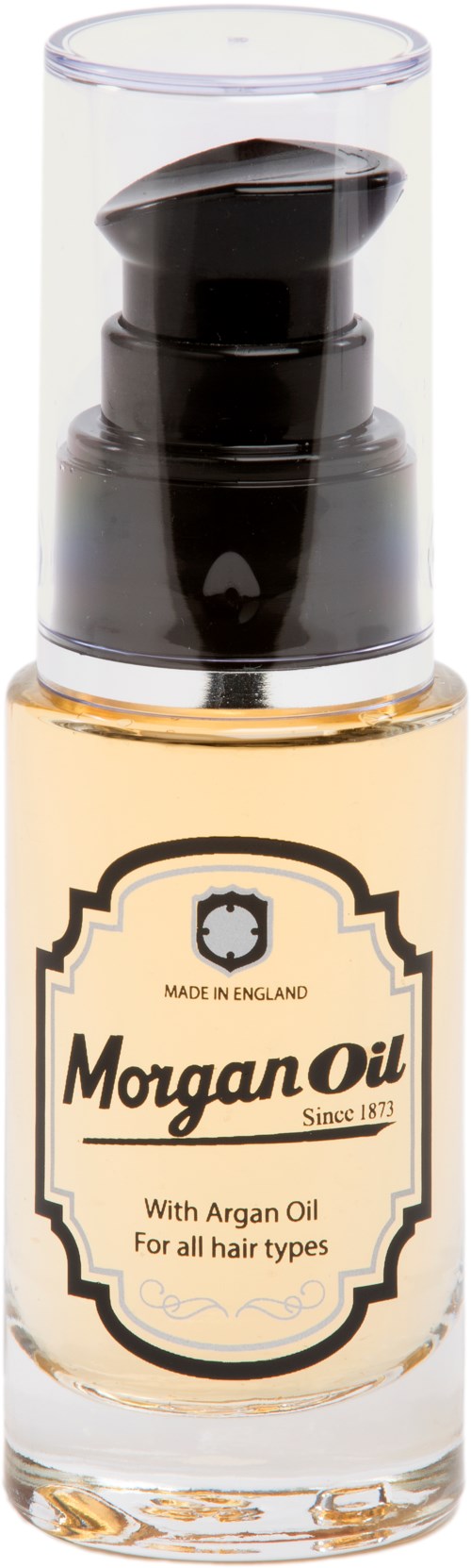 En liten flaske med klart væske og en svart pumpe, merket Morgan Oil med arganolje for hår.