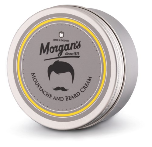 A silver round tin with a label for Morgan's mustache and beard cream, featuring a mustache and hair illustration.