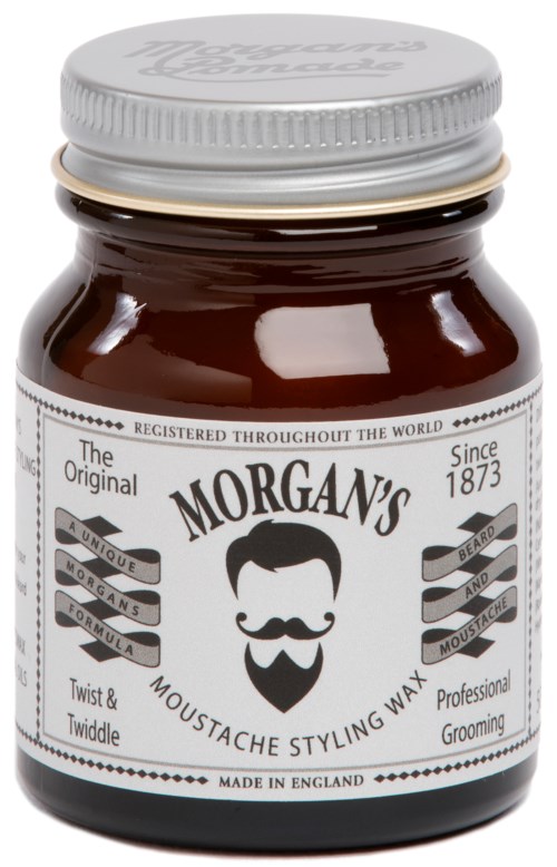 A brown jar of Morgan's moustache styling wax with a white lid, label has a man's face with a moustache and beard.
