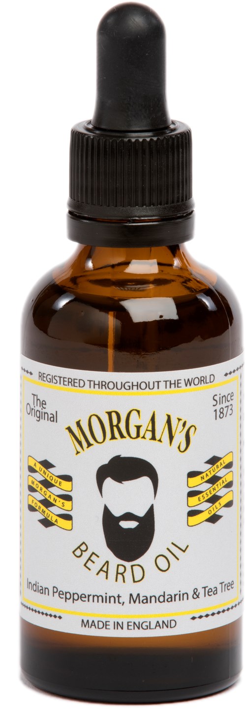Pieni ruskea pullo mustalla tipputipikärjellä, nimeltä Morgan's Beard Oil, jossa partakuva ja teksti.