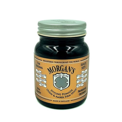 A jar of Morgan's styling pomade, black with a beige label, silver lid, and text describing the product.