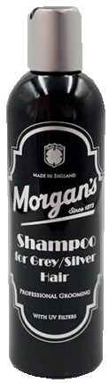 A black bottle of Morgan's shampoo for grey or silver hair, made in England, with a white cap.