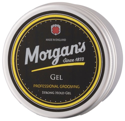 A round black container with yellow and white lines, displaying Morgan's gel for professional grooming, made in England.