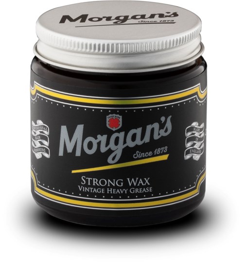 A jar of Morgans Strong Wax, vintage heavy grease, black container with white lid, yellow and white label.