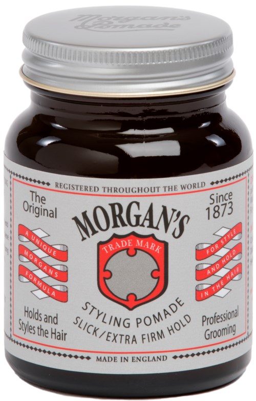 Ein Glas Morgan's Styling-Pomade mit weißem Deckel, gekennzeichnet für Haarstyling und starken Halt, hergestellt in England.