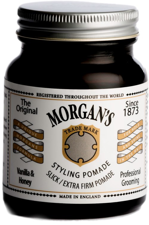 En krukke med Morgan's stylingpomade med hvit lokk, svart beholder og en hvit etikett med tekst om produktet.
