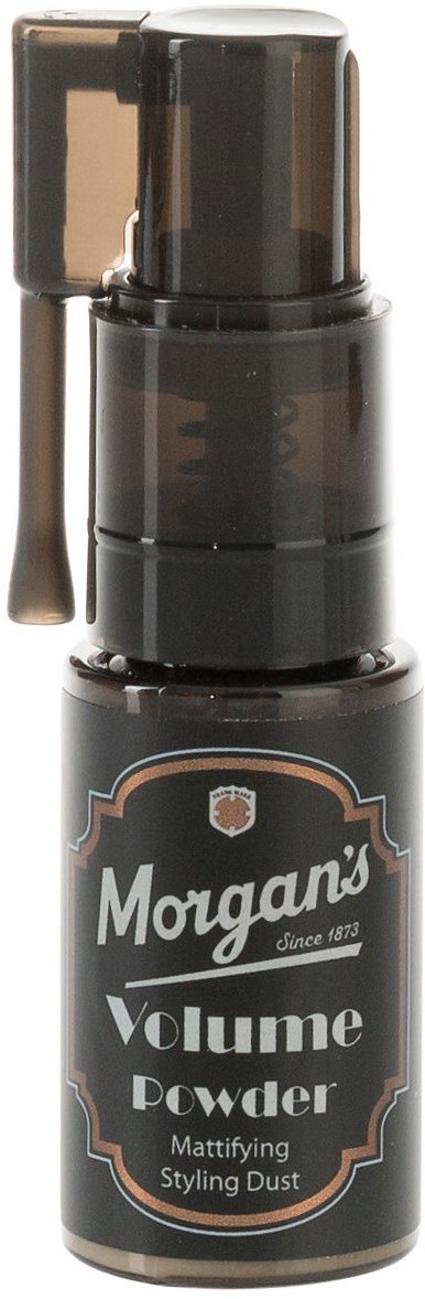 A small black bottle with a pump, labeled 'Morgan's Volume Powder' for styling hair.