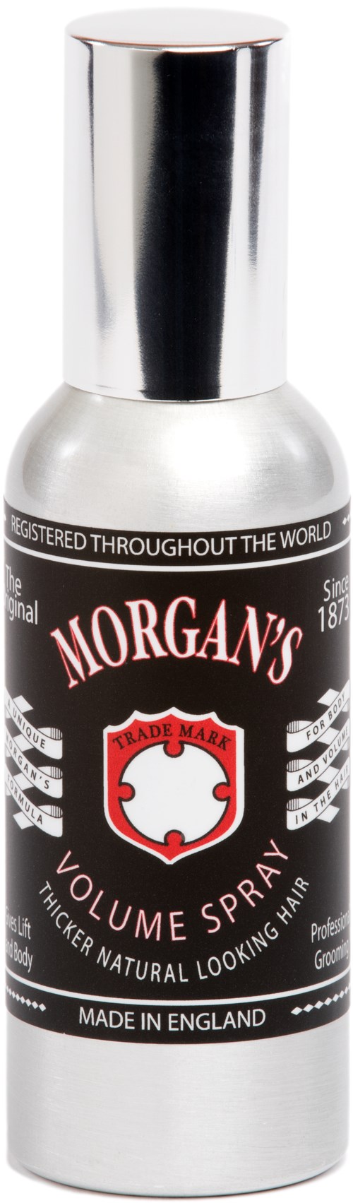 A small spray bottle labeled Morgan's Volume Spray with a black and white design and a silver cap.