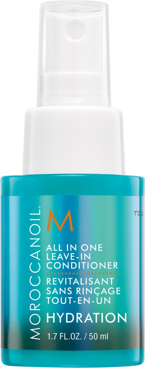 En liten blå flaska med spraylock, märkt Moroccanoil All in One Leave-in Conditioner för återfuktning.