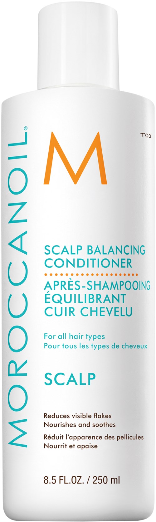 Valkoinen pullo Moroccanoil päänahkaa tasapainottavasta hoitoaineesta, jossa on sinistä ja oranssia tekstiä.