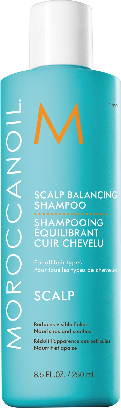 Väliaine on sininen ja siinä on valkoinen teksti, joka kertoo, että tämä on Moroccanoil päänahan tasapainottava shampoo kaikille hiustyypeille.