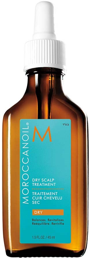Ruskea pullo, jossa on valkoinen suihkusuutin ja sininen etiketti Moroccanoil kuivan päänahan hoitoon.
