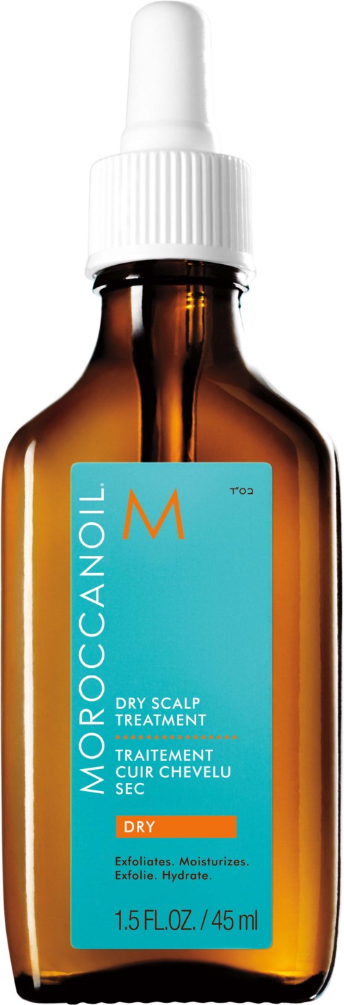 Pieni ruskea pullo, jossa valkoinen tiputusmekanismi, ja etiketissä 'Moroccanoil Dry Scalp Treatment' hiuspohjan hoitoon.