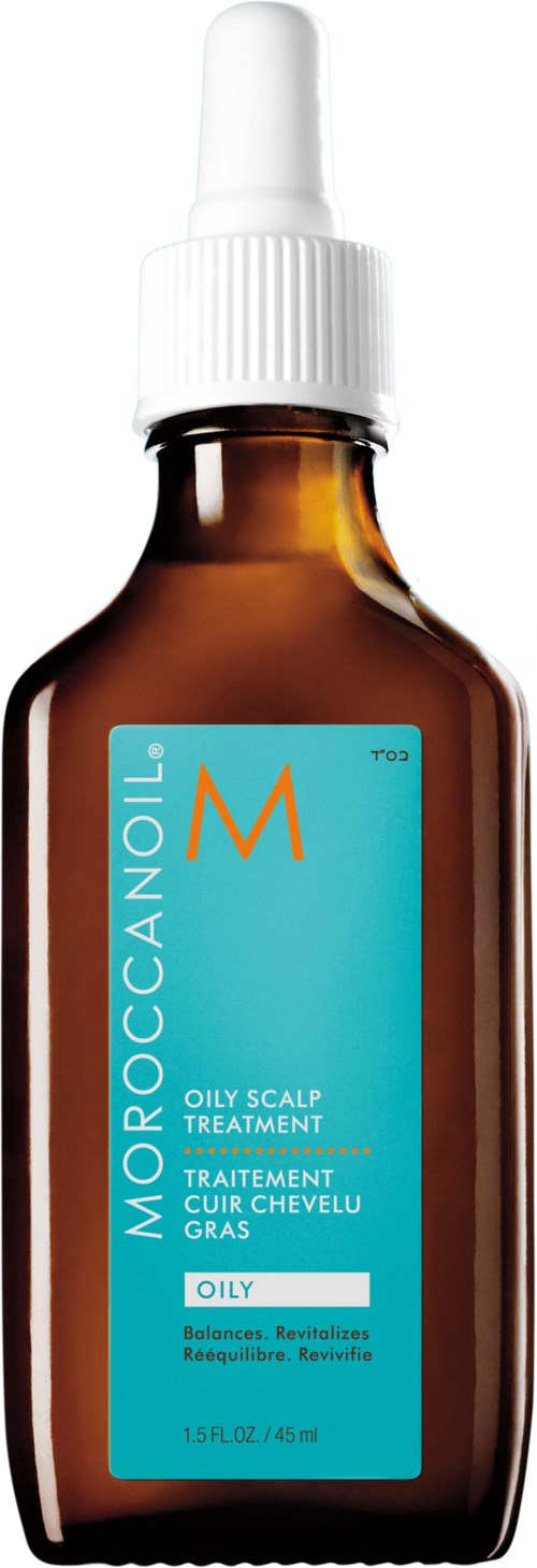 Moroccanoil-pullo, hoitotuote rasvoittuneeseen päänahkaan. Ruskea pullo, sininen etiketti ja suihkepää.