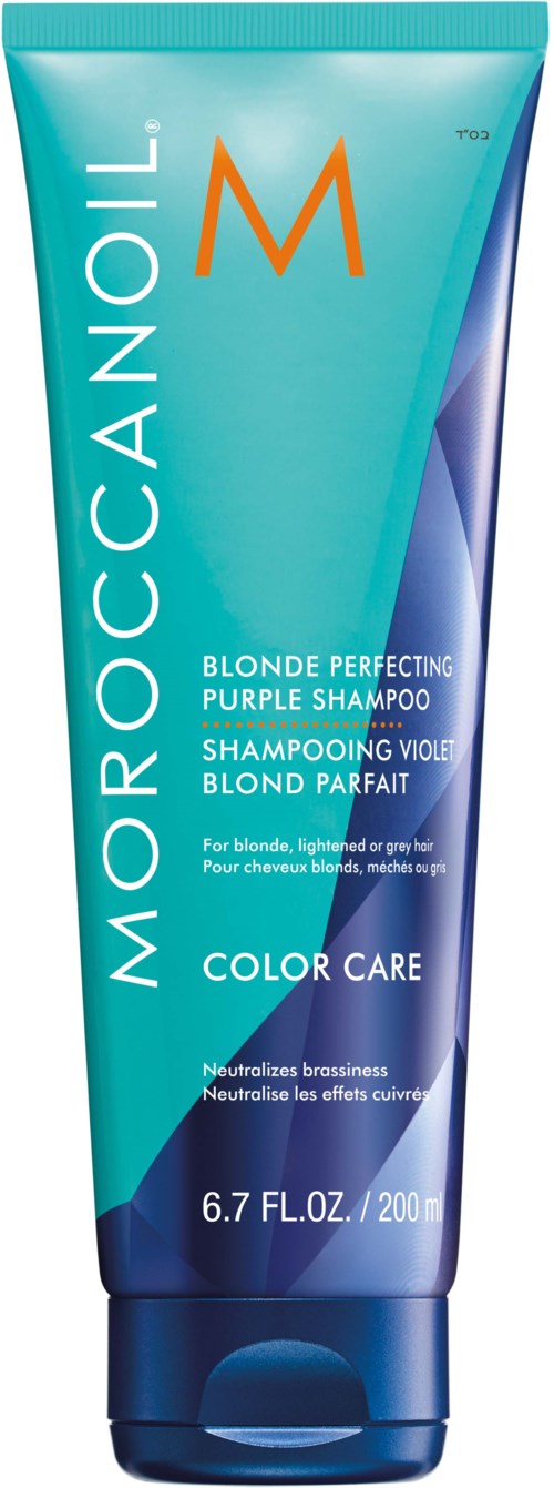 A turquoise tube of Moroccanoil shampoo designed for blonde hair, with an orange 'M' and blue cap.