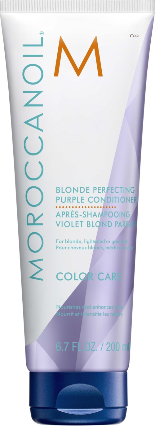 A white tube with blue and orange text; it is a hair care product for blondes with purple color elements.