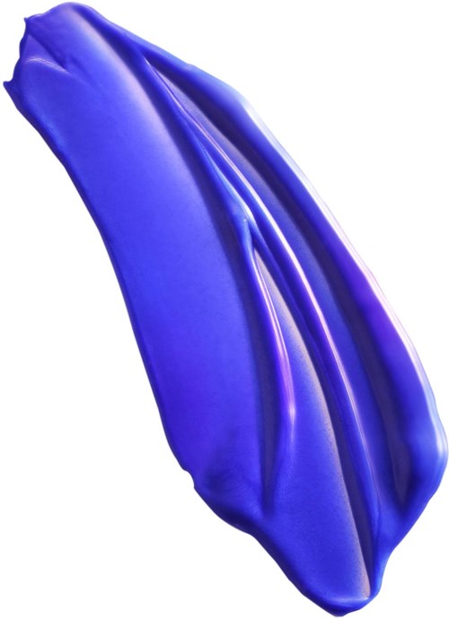 A bright blue, shiny object with curved, smooth surfaces and three ribbed lines on one side.