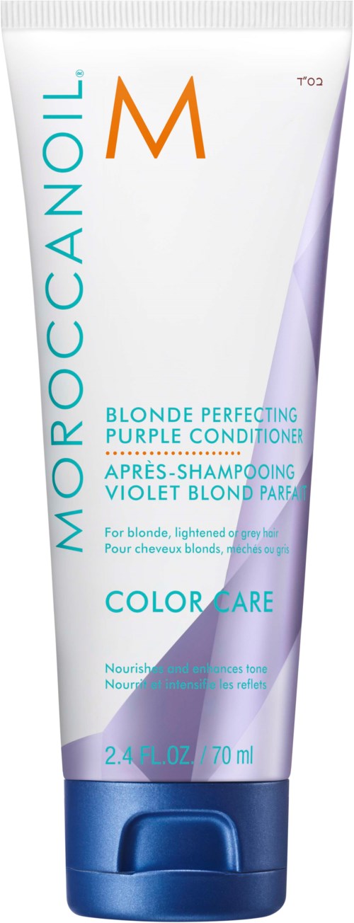 Tube of Moroccanoil Blonde Perfecting Purple Conditioner for light blonde or grey hair. Contains 70 ml.