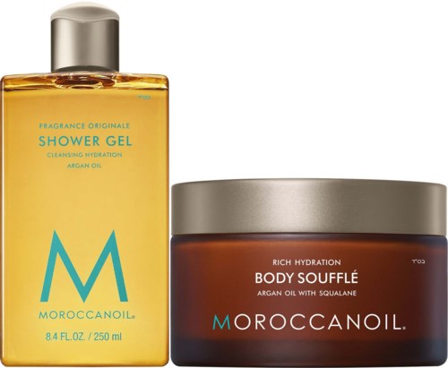 Suihkugeeli ja vartaloemulsio purkeissa, merkiltä MoroccanOil, keltainen pullo ja ruskea purkki.
