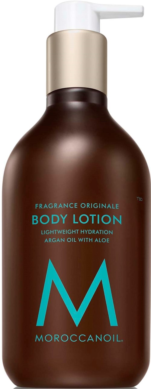 A brown bottle with a label for body lotion, featuring a large blue letter 'M' and details about ingredients.