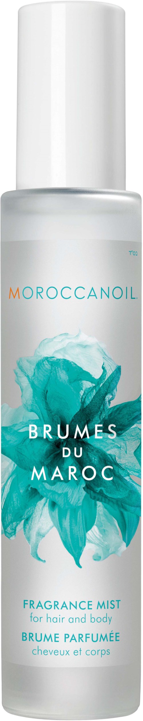 En hvit sprayflaske merket MoroccoCann, brumes du Maroc, duftmist for hår og kropp, med blå blomster på.