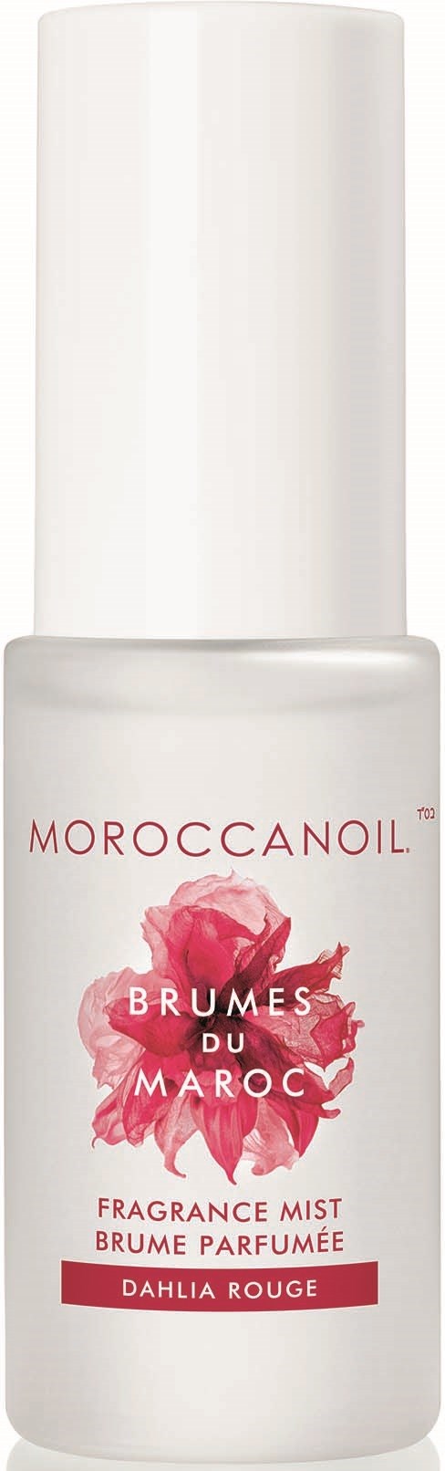 En vit sprayflaska märkt MoroccoNail, Brumes du Maroc, Dahlia Rouge, med en rosa blommillustration.
