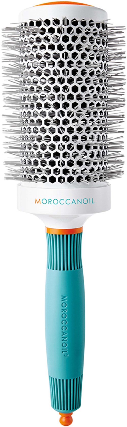 A round hairbrush with a white body, blue handle, and black bristles. It has the word 'MOROCCANOIL' on it.