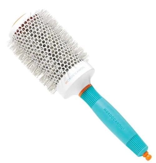 A round hairbrush with a white, spiked ceramic barrel and a blue handle. The handle has orange accents.