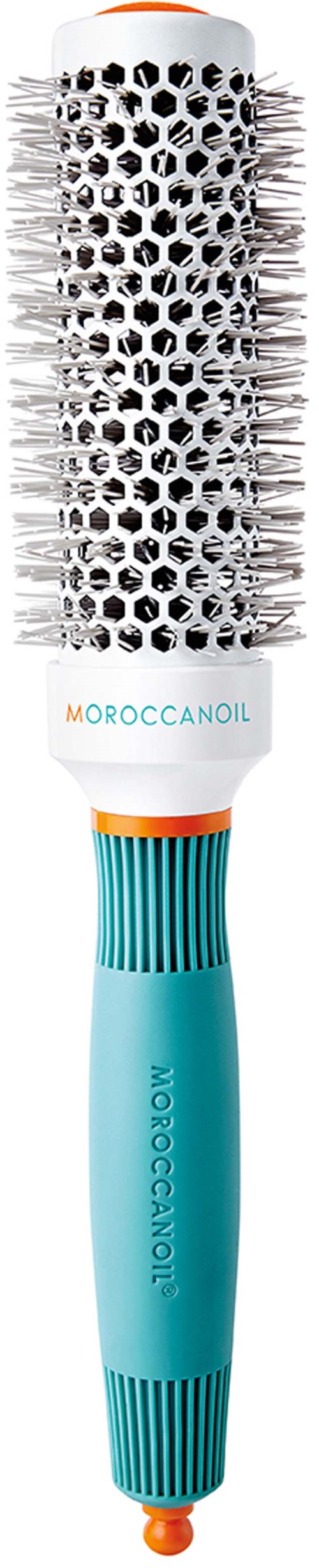 A round hairbrush with a blue handle, white and black bristles, and a white barrel with holes for airflow.