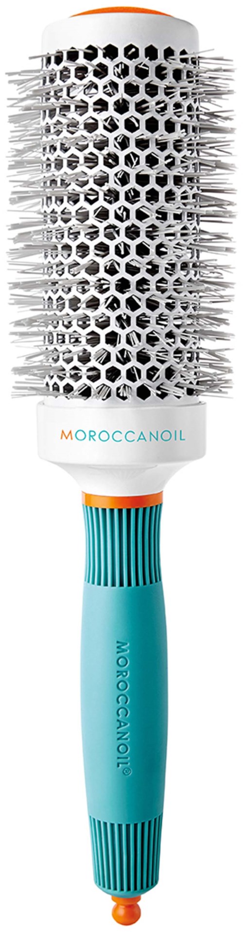 A round hairbrush with a white body, turquoise handle, and black bristles. Brand name 'Morocconail' visible.
