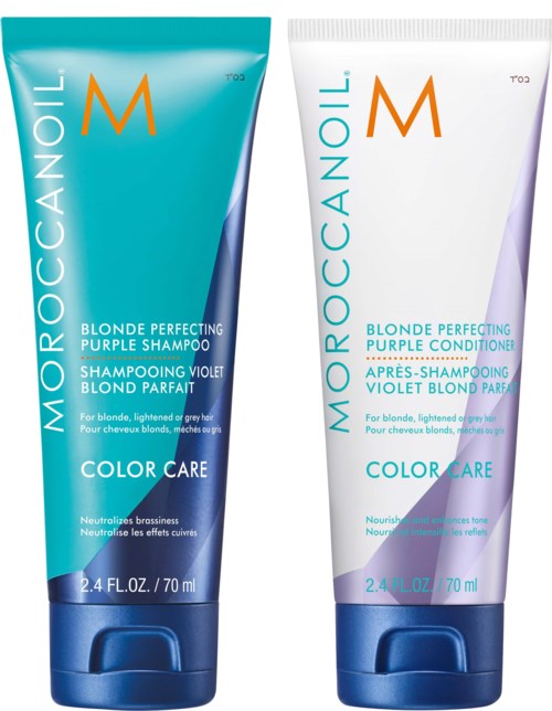 Two hair care tubes, one purple shampoo and one purple conditioner, for blond or light hair, 70 ml each.