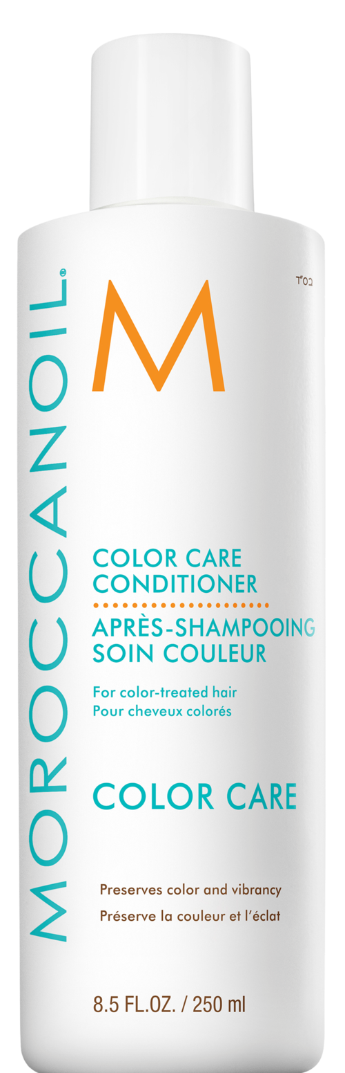 A white bottle labeled Moroccanoil with blue and orange text, containing color care conditioner for colored hair.