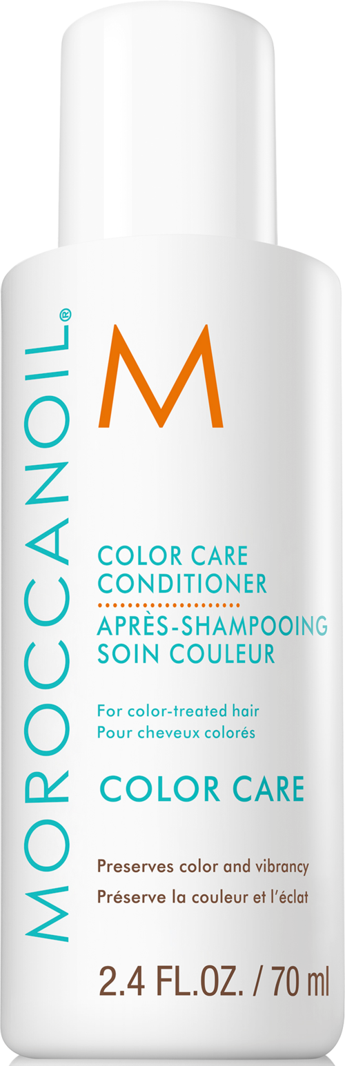 A white bottle of Moroccanoil Color Care Conditioner with orange and blue text, designed for color-treated hair.