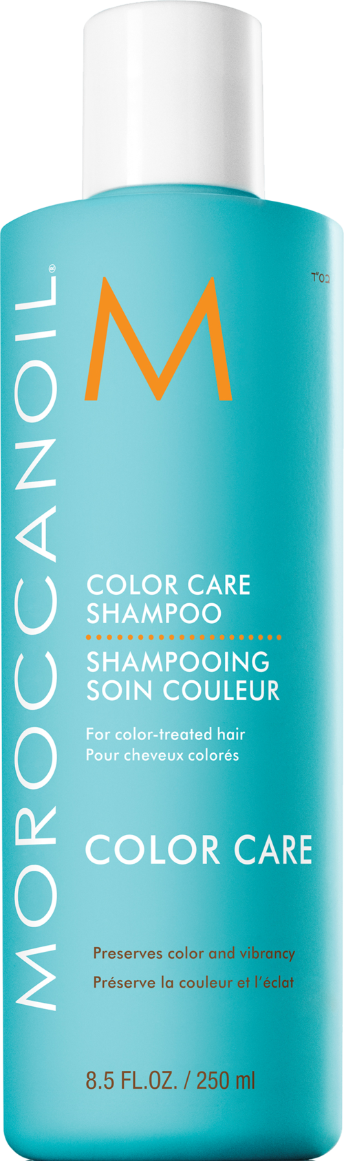 A tall, blue bottle of Moroccanoil color care shampoo with a white cap. Text describes its purpose for color-treated hair.